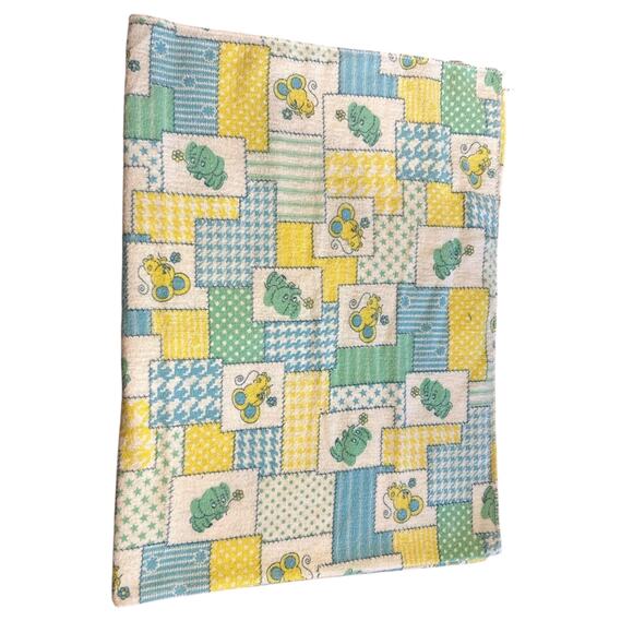 Vtg Pastel Square Pattern Baby Blanket Elephants Mice 27x37 Blue Yellow Green - Picture 1 of 5